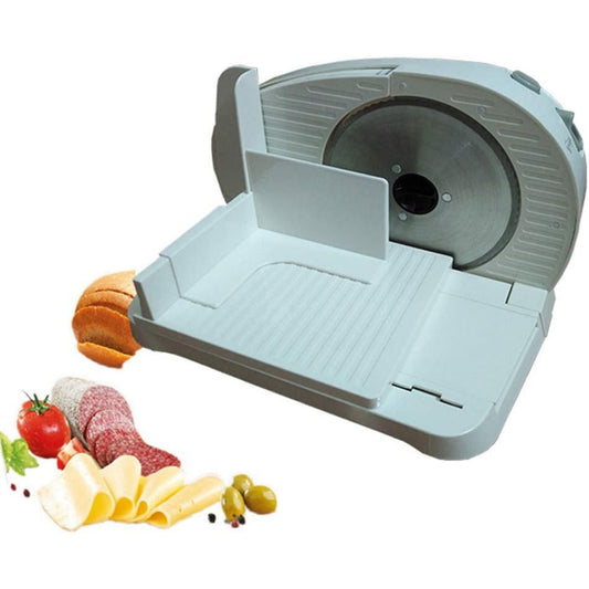 Affettatrice per porzionare gli ingredienti di colore grigio e con potenza dichiarata di 100 W